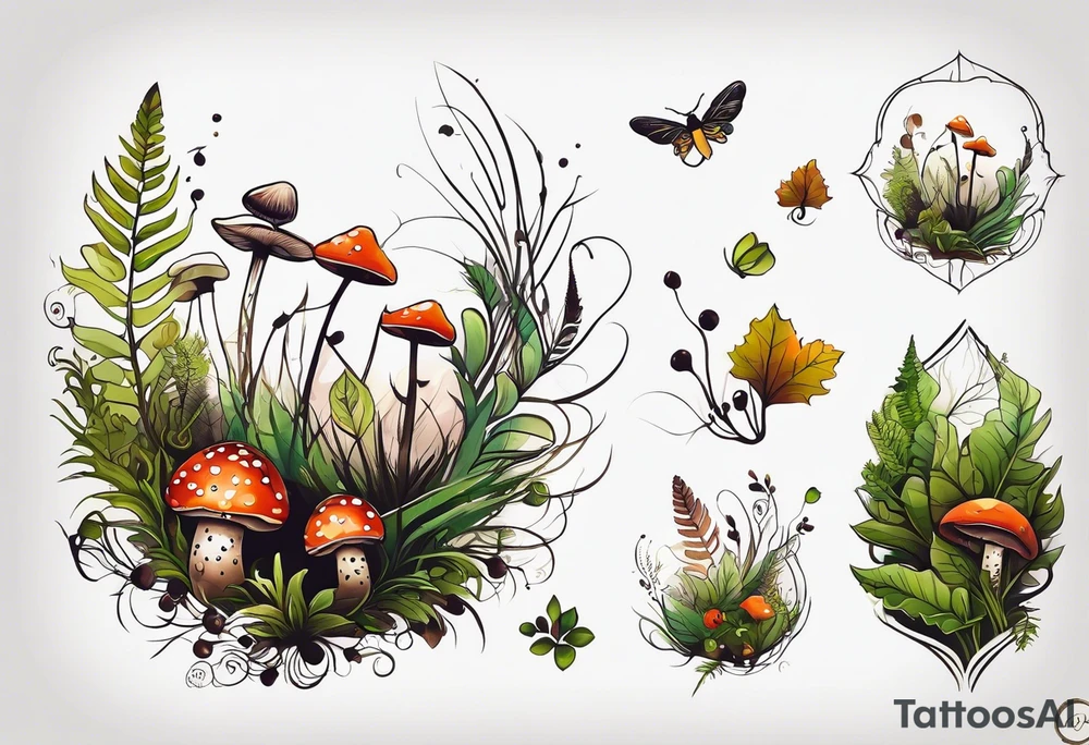 minimalistic forest floor inspired tattoo, which includes grass, moss, curly ferns and dead leaves as the bulk of the tattoo. details to include: forest berries, couple of very small brown mushrooms, a tiny bumblebee flying nearby tattoo idea