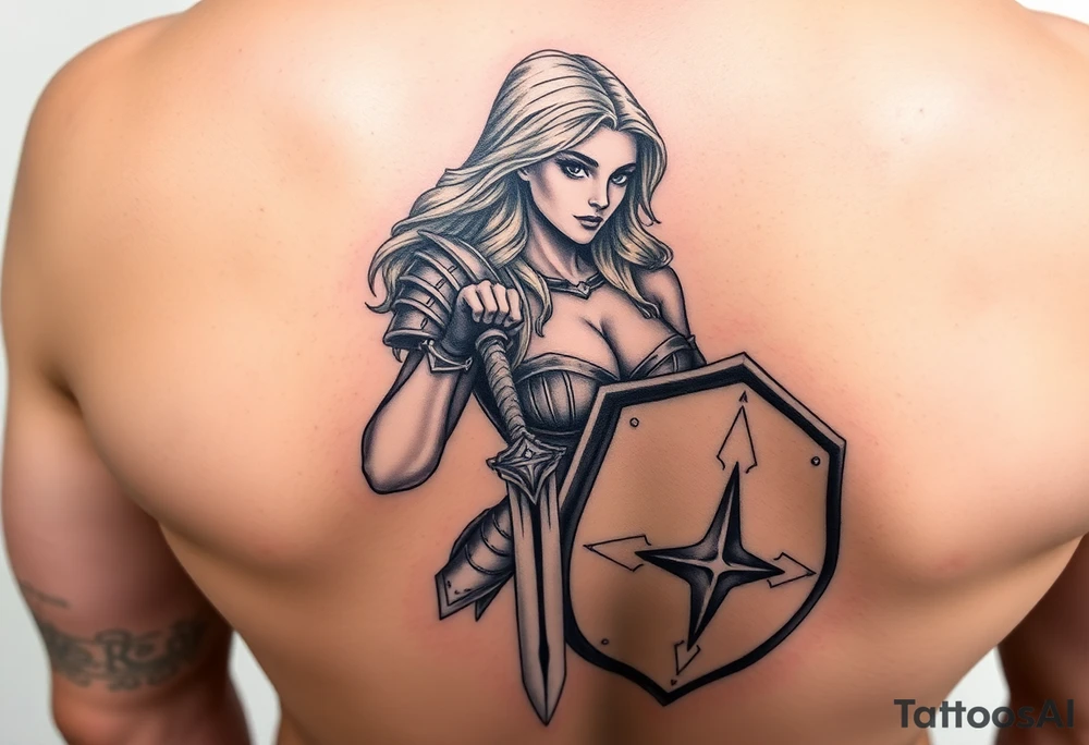 blonde valkyrie with sword and shield -- location calf -- image should show entire body of the valkyrie -- she should have large breasts and beautiful yet tough -- full color, realistic, should have breast armor, less cartoony more realistic, should show her entire body tattoo idea