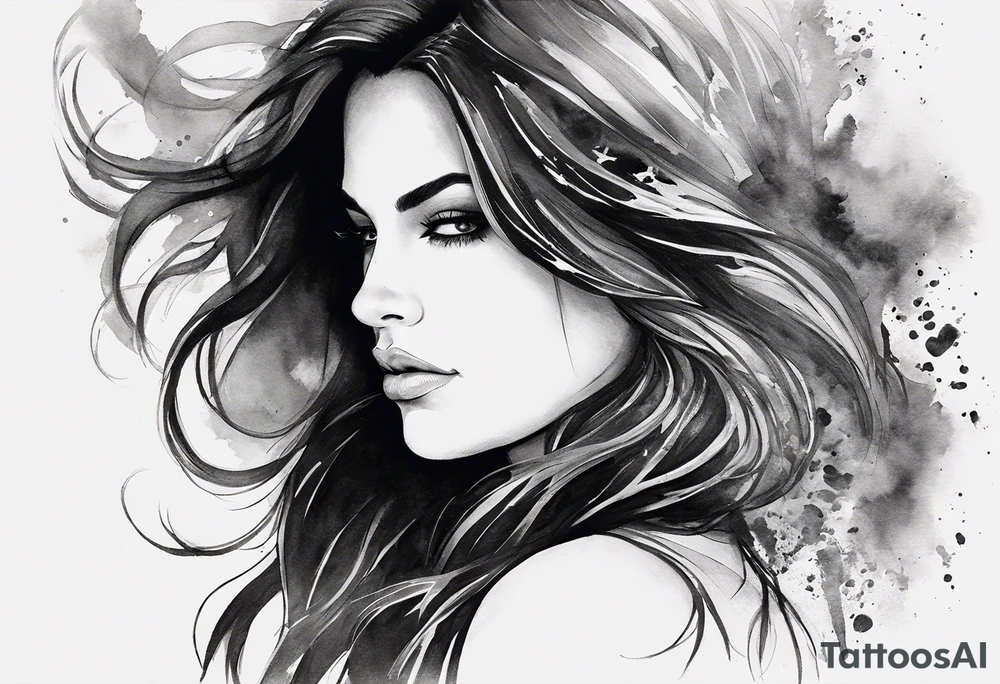 A white woman with dark hair and features. She will be posing sideways portrait style but looking head on. She needs to embody a modern warrior. . And the outside of the tattoo can fade away with smoke. It’s for my outer shoulder so it’s about 20x7cm her hair should be down and loose and she can have 2-3 flowers in her hair. tattoo idea
