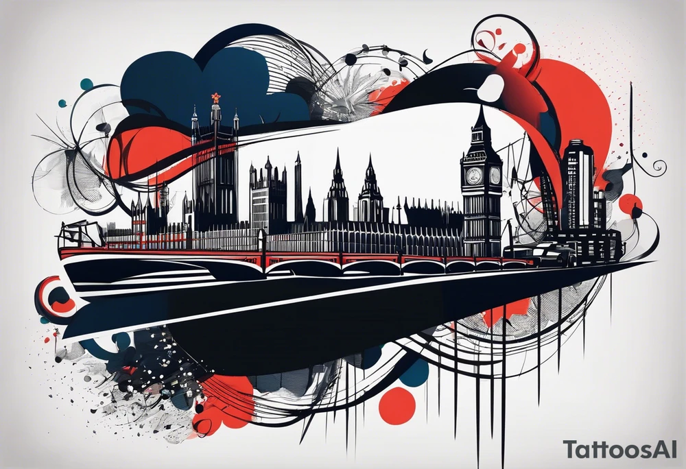 A minimalistic, abstract design capturing the architectural essence and vibe of London. Key elements of London’s skyline and structure are hinted at with clean lines, and subtle detailing includes personal touches, like a nod to Feid’s signature look (hat, glasses, mustache), integrated discreetly to honor a memorable concert experience. tattoo idea