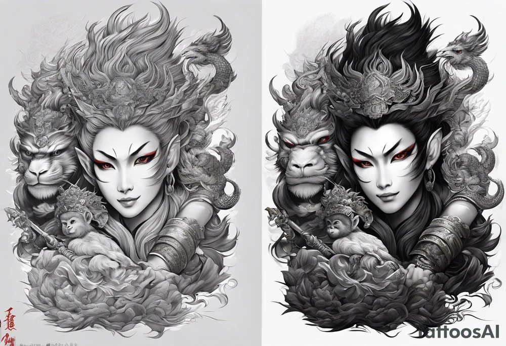 create a full arm sleeve tattoo containing a combination of the following; the monkey king with weapon, a japanese dragon, and
 shrouded mother holding a baby tattoo idea