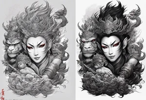 create a full arm sleeve tattoo containing a combination of the following; the monkey king with weapon, a japanese dragon, and
 shrouded mother holding a baby tattoo idea