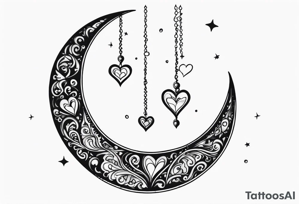 Crescent moon with hearts dangling from the bottom of it tattoo idea