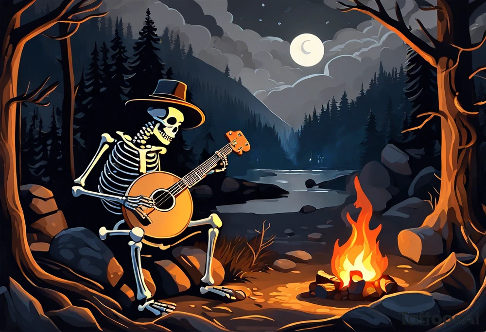 Foreground: The skeleton in a coal miner's hat, animatedly playing the banjo. The light from the campfire illuminates the skeleton and the nearby surroundings, casting intricate shadows.
Midground: The glowing campfire, with flames realistically designed in black and grey shades to emphasize movement and light.
Background: Subtle outlines and shading of rhododendron plants, giving a natural and dense feel to the woods. These can be stylized to blend seamlessly with the style of the tattoo.
Sky: A night sky speckled with stars, adding depth and a sense of time to the scene, with the stars providing a contrast against the dark sky. tattoo idea