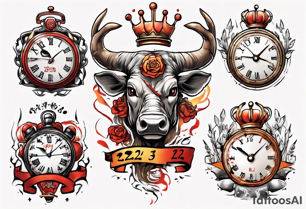 Ballon de foot avec le numéro23 ,  une horloge avec une couronne,  le tout avec au fond un taureau tattoo idea