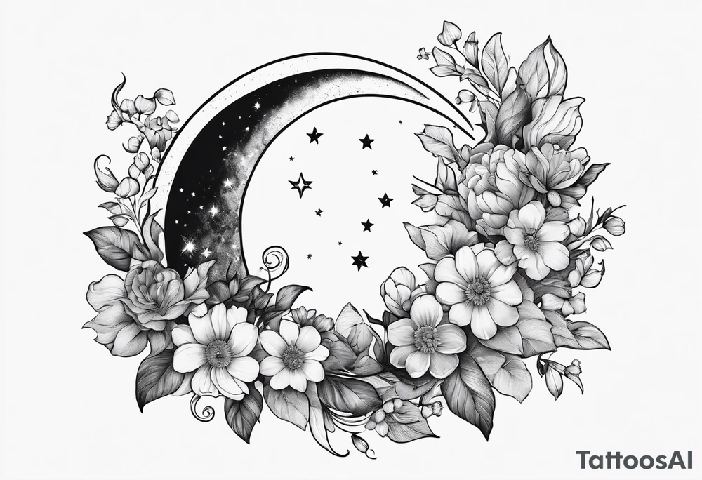 Crescent moon made out of flowers facing to the right tattoo idea