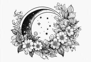 Crescent moon made out of flowers facing to the right tattoo idea
