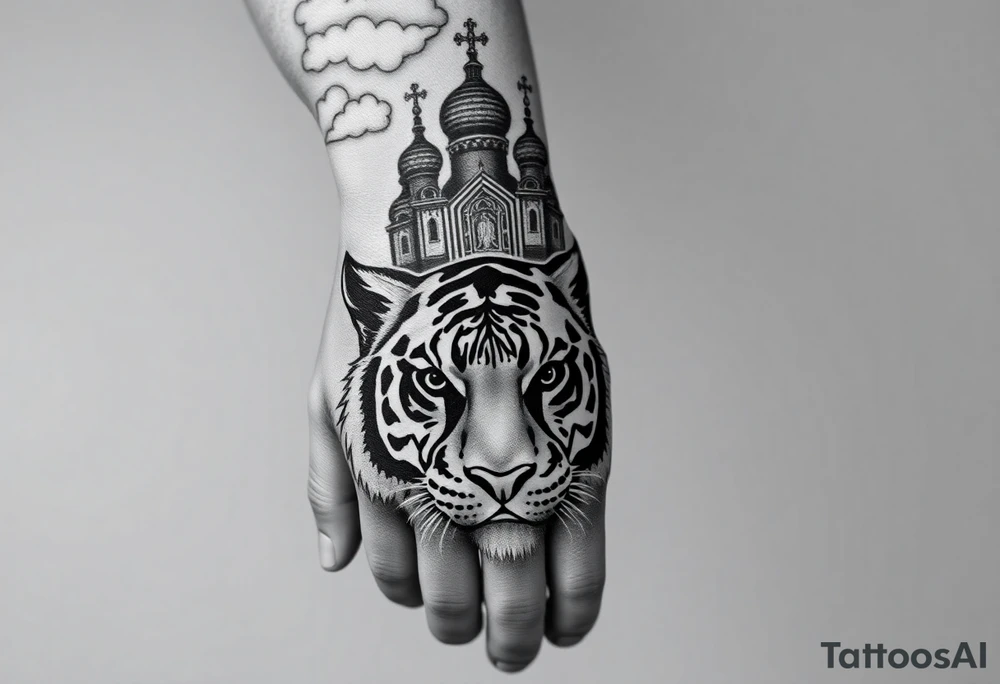 Realistic tiger face on the back of the hand with its eyes ALL black and no pupils, sitting beneath a Russian Orthodox cathedral sitting above on the top fore arm with onion domes and orthodox crosses. with clouds above and a virgin mary tattoo idea