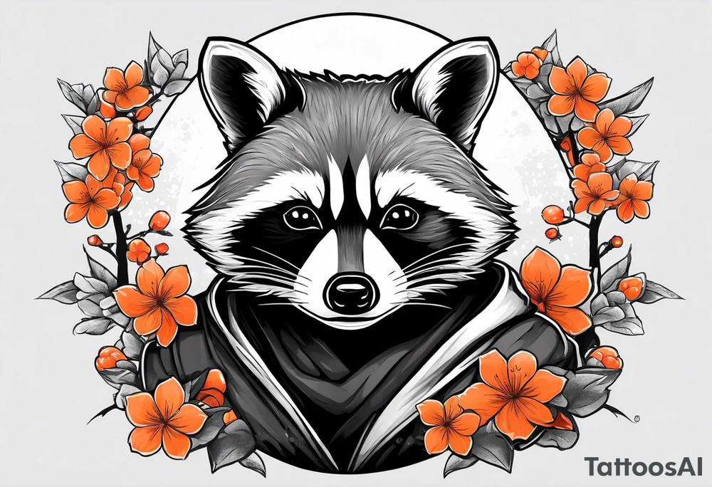 Raccoon wearing a white Superman logo on a black hoodie and orange Japanese cherry blossoms tattoo idea