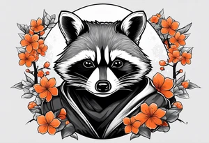 Raccoon wearing a white Superman logo on a black hoodie and orange Japanese cherry blossoms tattoo idea