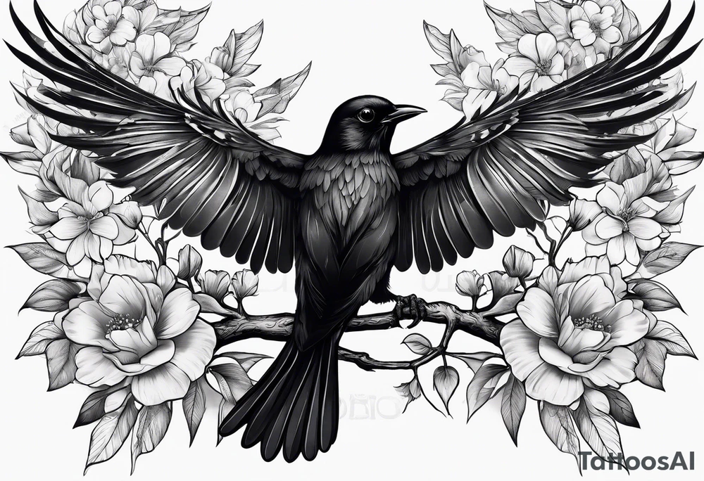 Black bird with its wings open about to fly on a branch with flowers tattoo idea
