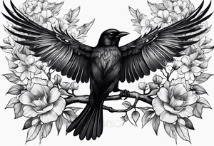 Black bird with its wings open about to fly on a branch with flowers tattoo idea