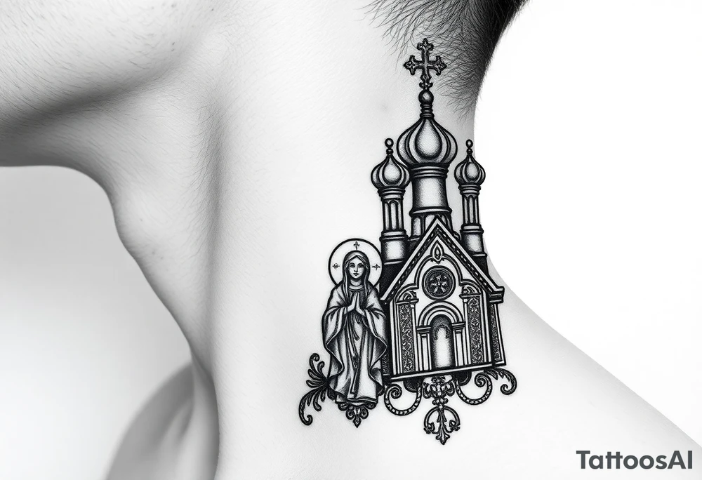 medium traditional russian orthodox church with russian coat arms and virgin mary on the side of your neck tattoo idea