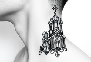 medium traditional russian orthodox church with russian coat arms and virgin mary on the side of your neck tattoo idea