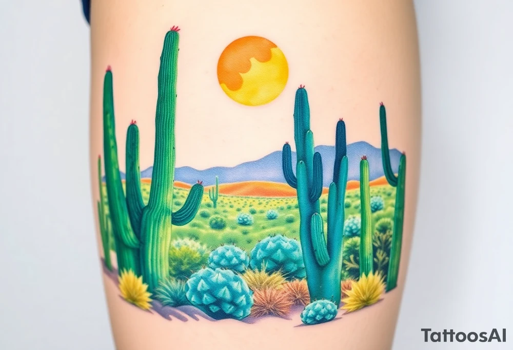A scenic view of cactuses in the desert landscape of Arizona on a sunny day tattoo idea