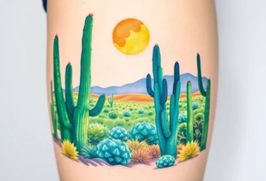 A scenic view of cactuses in the desert landscape of Arizona on a sunny day tattoo idea