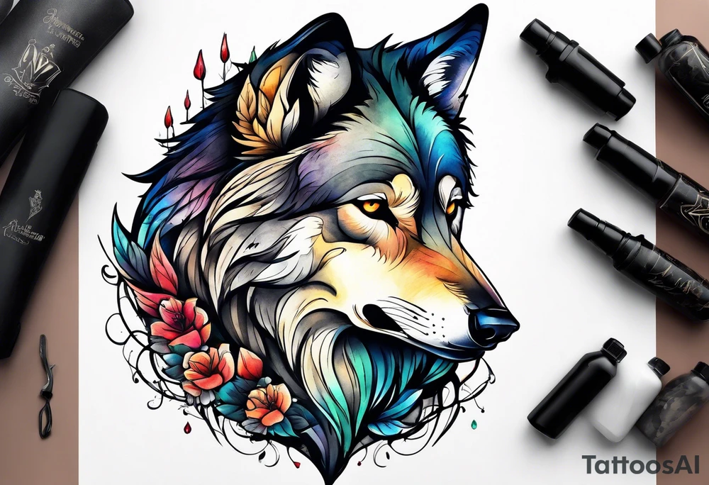Injured wolf sitting upright tattoo idea