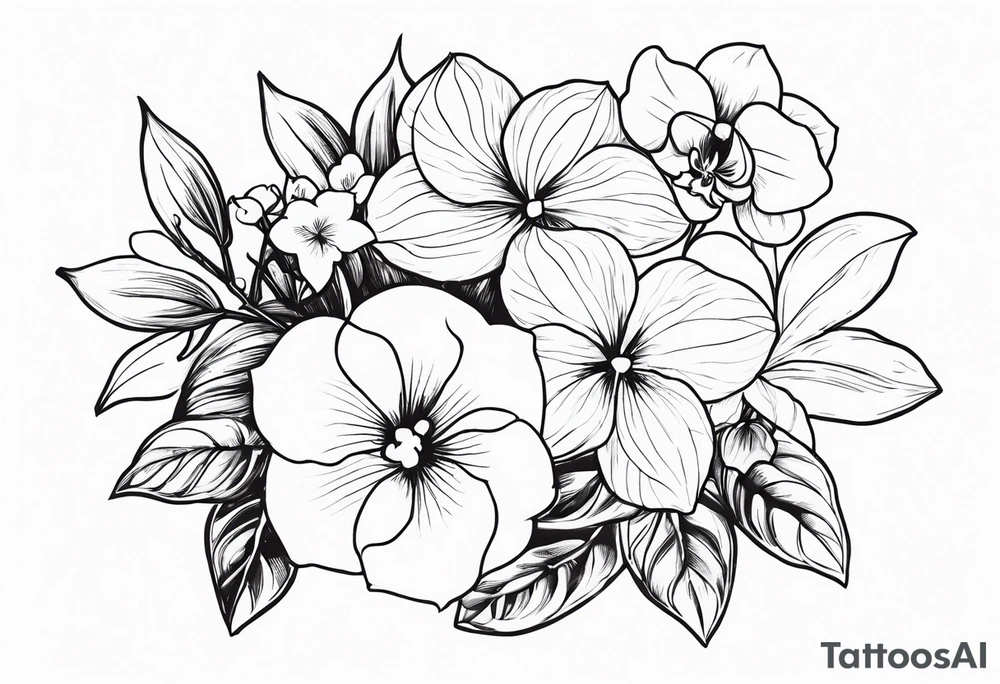 2 inch bouquet with hydrangeas and orchids tattoo idea