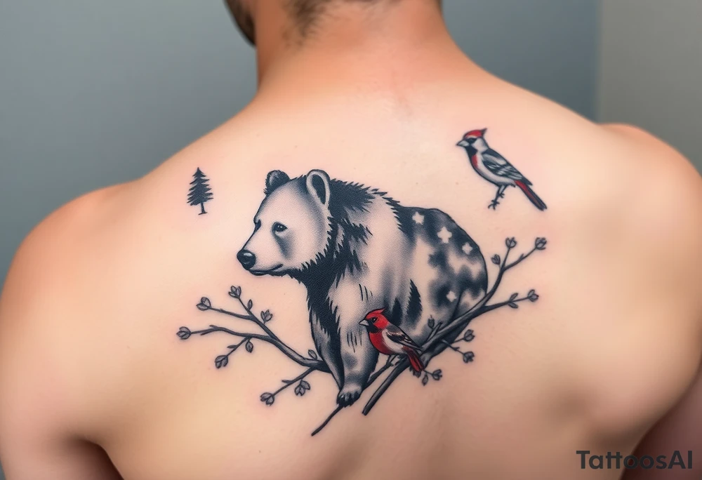 Woodland with a bear, woodpecker and cardinal tattoo idea