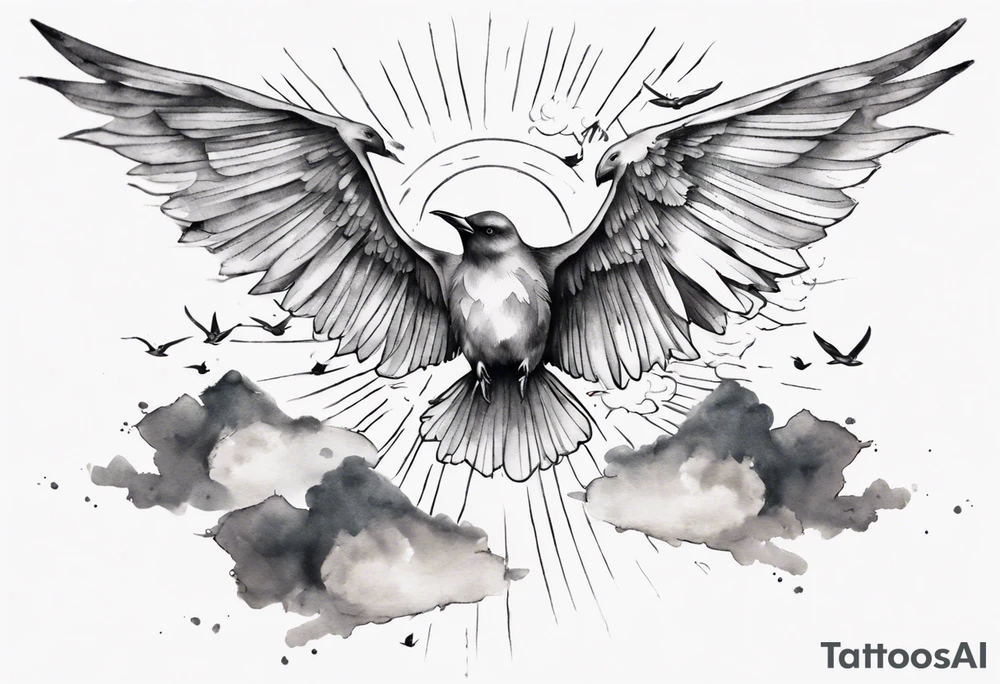 a shoulder tattoo with lots of rays of light in gradient starting from the middle
, clouds and birds flying free tattoo idea