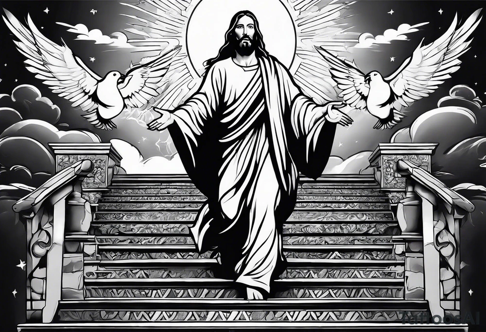 Jesus standing on a flight of stairs with clouds, sunshine and a dove in the background on the upper arm tattoo idea