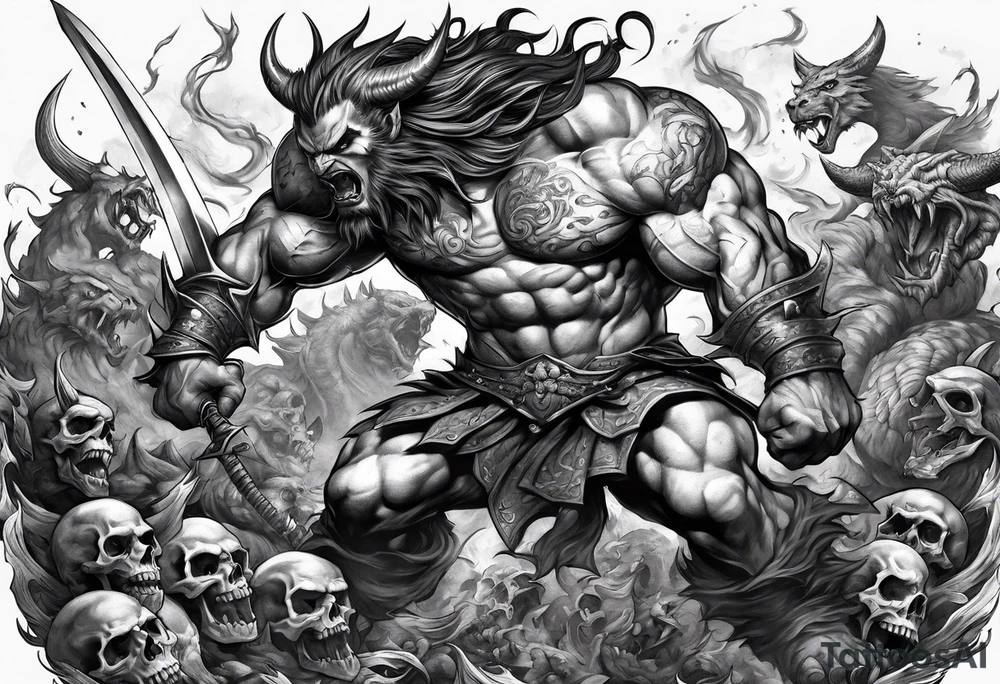 male fighting a demon in a battle field of skulls tattoo idea