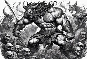 male fighting a demon in a battle field of skulls tattoo idea