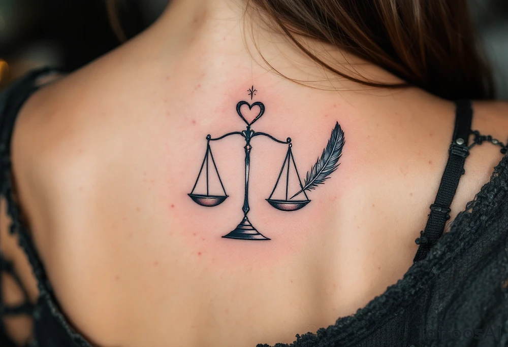 A pair of delicate scales balancing a heart on one side and a feather on the other, in elegant black and silver shading, symbolizing karmic justice. tattoo idea