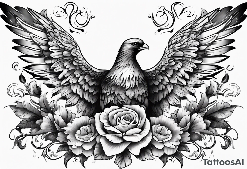 Full back tattoo covering the whole back with wings on top and flowers on bottom tattoo idea