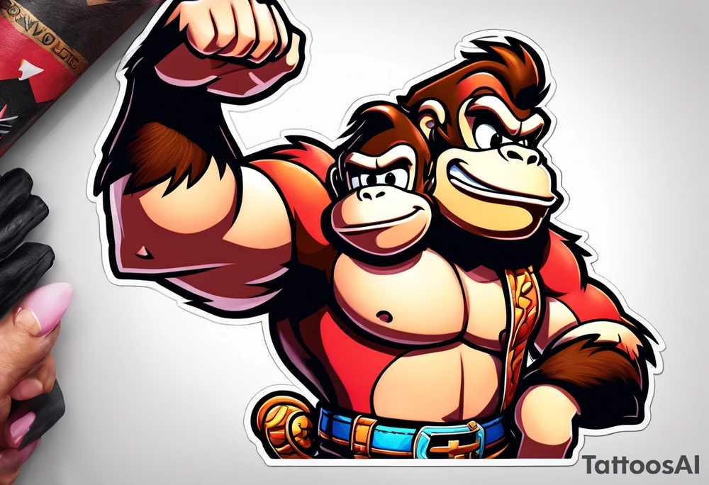 Donkey Kong flexing and holding up sexy Princess Peach tattoo idea