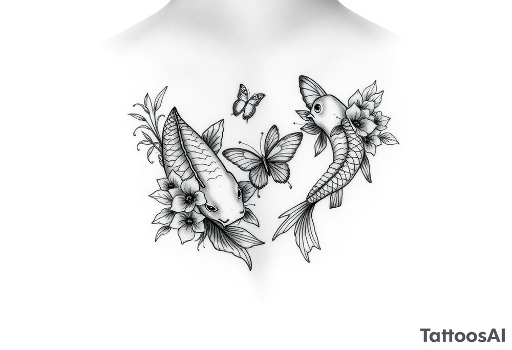 Two small koi fish wrap around wrist tattoo with flowers and butterfly on the wrist fine line tattoo idea