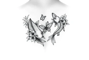 Two small koi fish wrap around wrist tattoo with flowers and butterfly on the wrist fine line tattoo idea