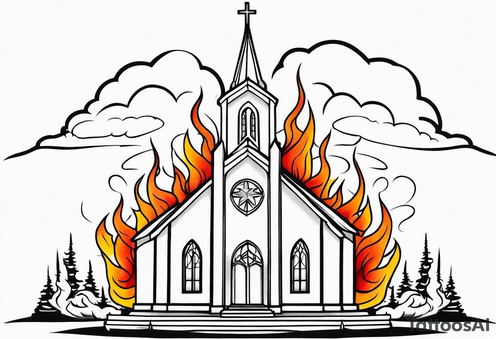 church with flames tattoo idea