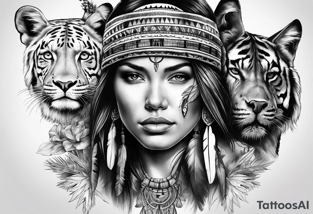 realistic native+animals american tattoo idea