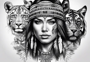 realistic native+animals american tattoo idea