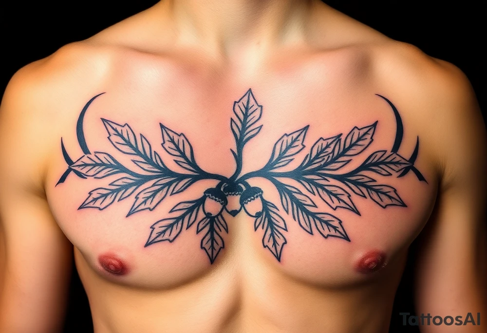 on the chest an oak branch with thick leaves and acorns oak branch with thick leaves and acorns tattoo idea