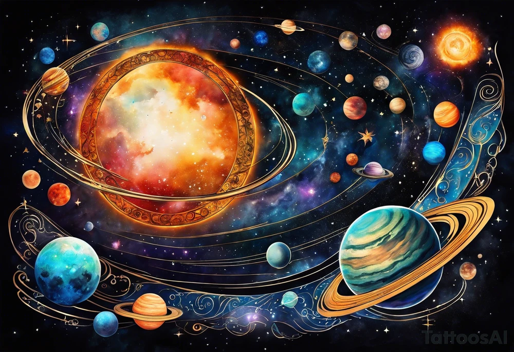 A tattoo featuring a cosmic scene with planets, black holes, and supernovae intertwined with intricate linguistic symbols, reflecting the client's interests in cosmology and linguistics. tattoo idea