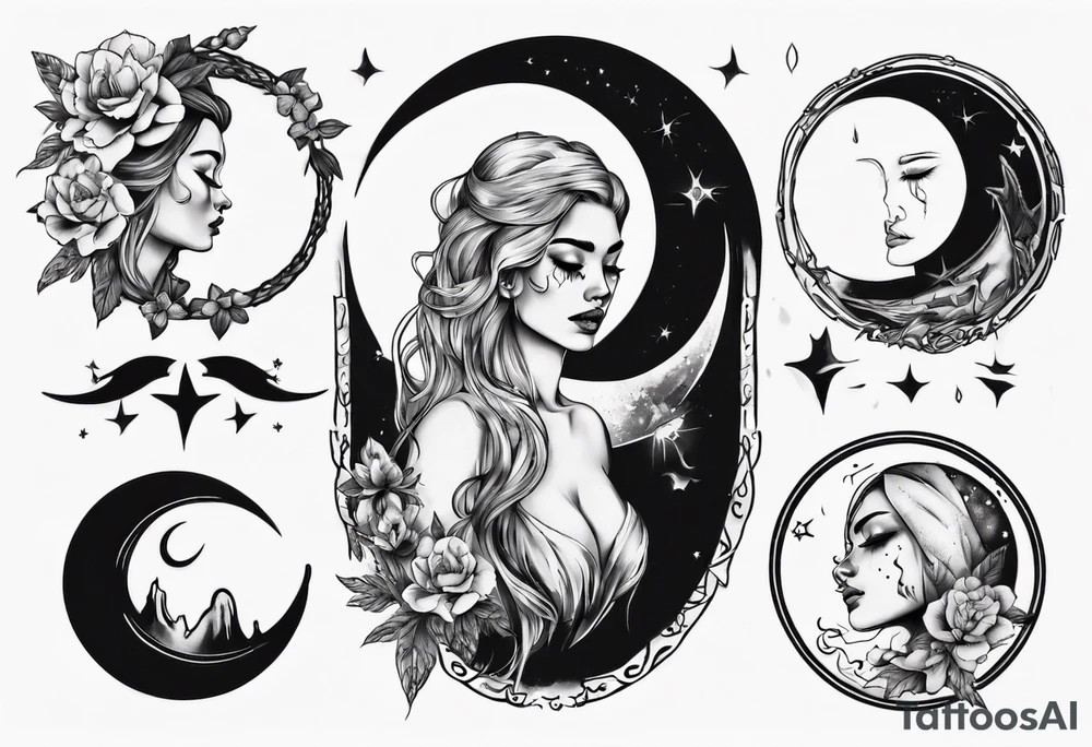 crescent moon with crying woman tattoo idea
