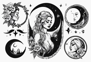 crescent moon with crying woman tattoo idea