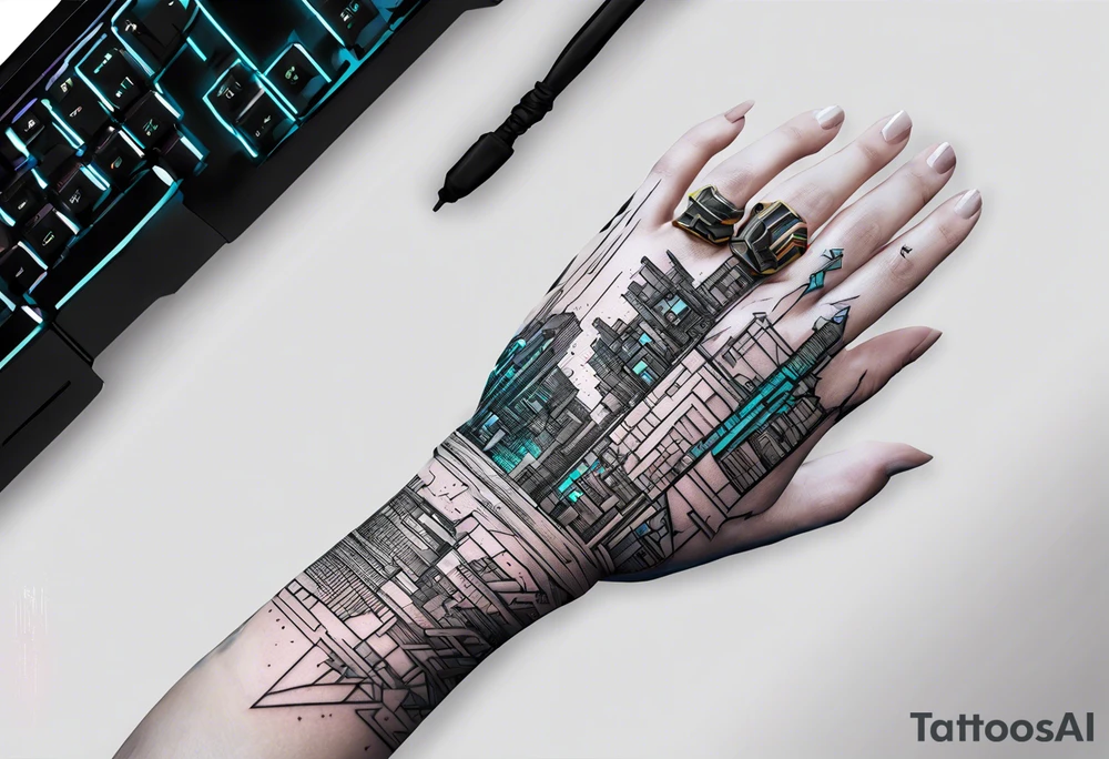 cyberpunk 2077, hand tattoo, geometric, subtle, men, city skyline tattoo idea