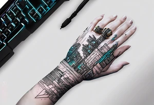 cyberpunk 2077, hand tattoo, geometric, subtle, men, city skyline tattoo idea