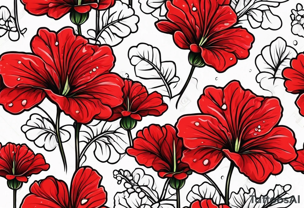 red geraniums with rain drops tattoo idea