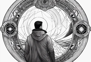 Jehovah looking out at the marvels of his creation from the atoms to the galaxy and celestial beings. With grey wash and a fantasy theme tattoo idea