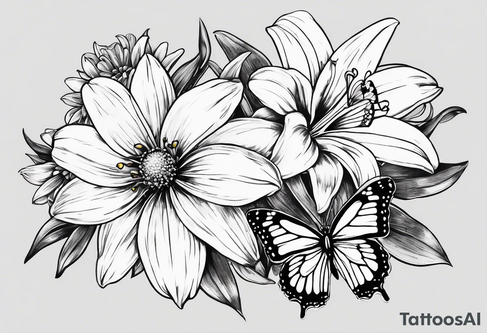 Wild flower of lily daisy and daffodil bouquet with butterfly 6-8 inches bi tattoo idea