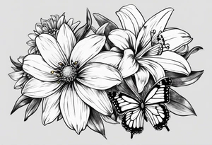 Wild flower of lily daisy and daffodil bouquet with butterfly 6-8 inches bi tattoo idea