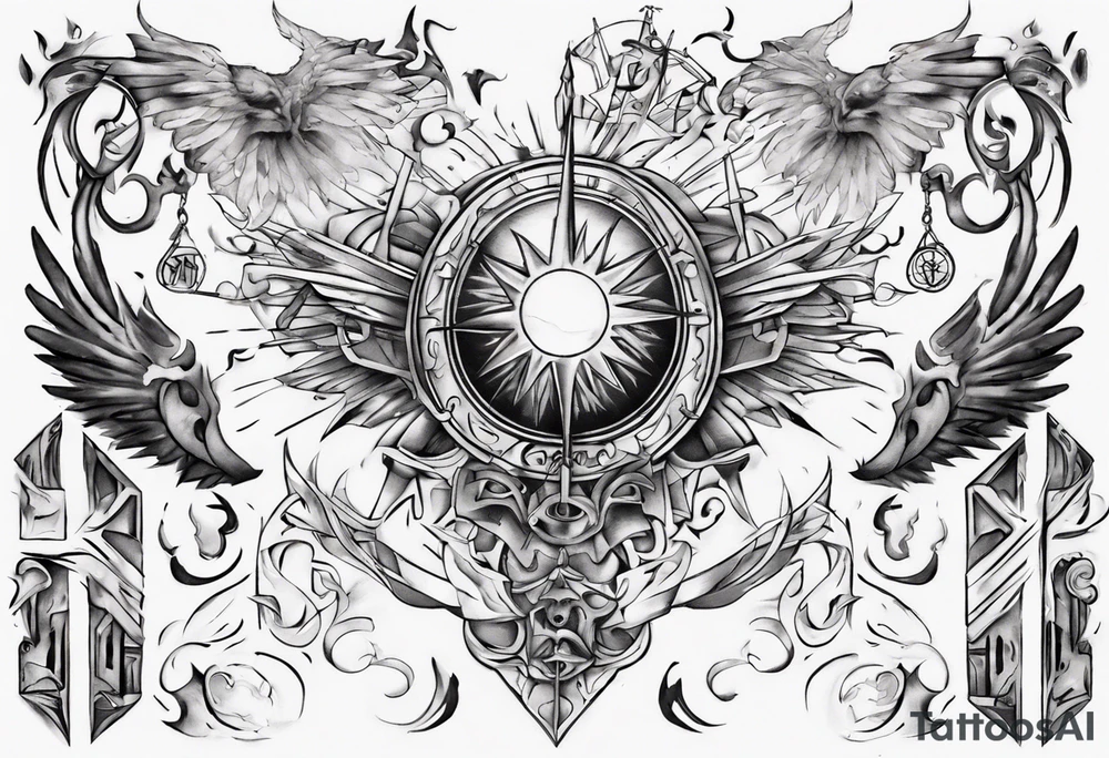 Chest tatoo abstraction with sun and letters and angels tattoo idea