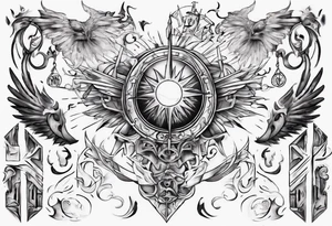 Chest tatoo abstraction with sun and letters and angels tattoo idea