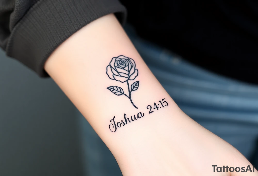 fine-line rose on my inner wrist, with the stem flowing down into the word Joshua 24:15 in tiny clean text underneath tattoo idea