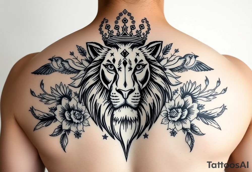 powerful majestic lion with a crown, surrounded by floral ornaments and birds tattoo idea