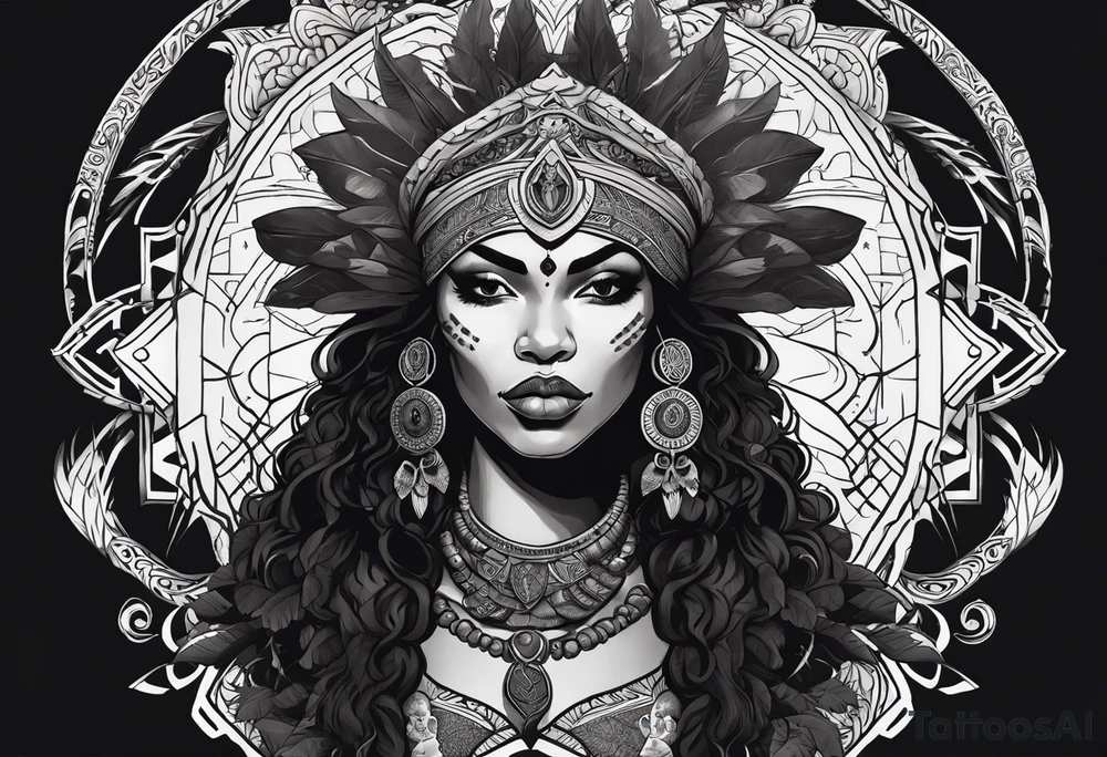 valkrye, kali, pirate, african goddess, , warrior, native american, lotus, zenza resonance, skulls, dragon, pachamama, left side face, chest, right wing, tattoo idea